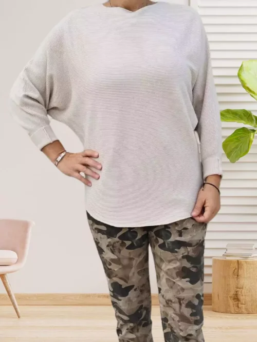 pull côtelé manches chauve-souris beige femme vue de face
