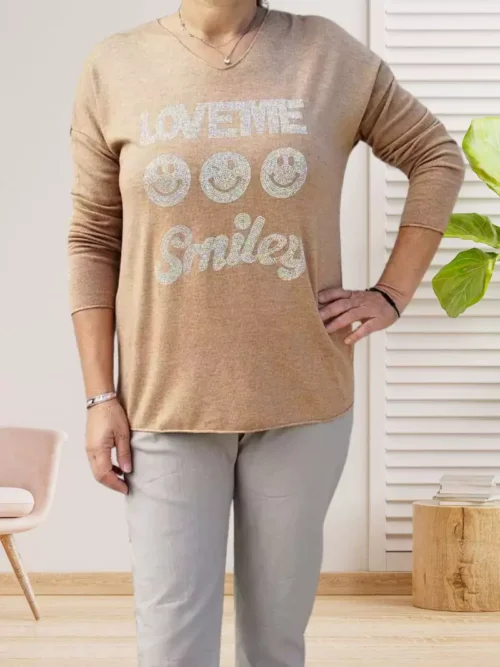 Pull fin encolure en V camel femme vue dos