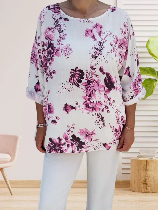 tunique-blanche-a-fleurs-rose-dv Tunique blanche à fleurs rose femme TU du 36 au 42 vue devant