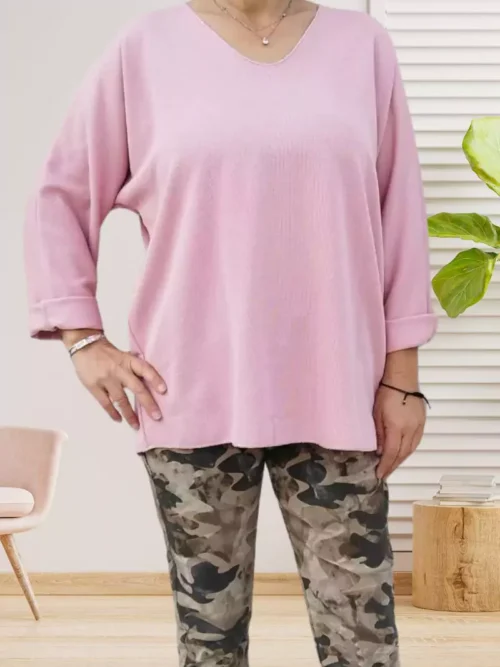Tunique unie avec col en v rose poudrée femme taille unique du 36 au 42 vue devant
