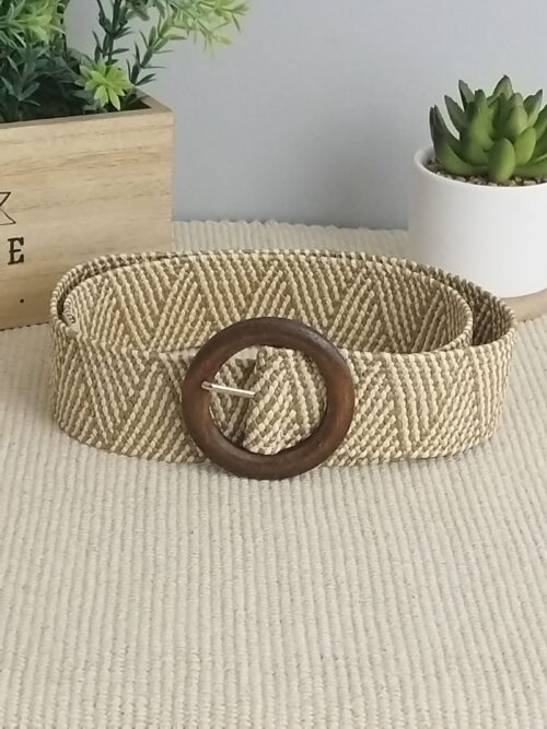Ceinture grosse boucle bicolore beige foncé, beige