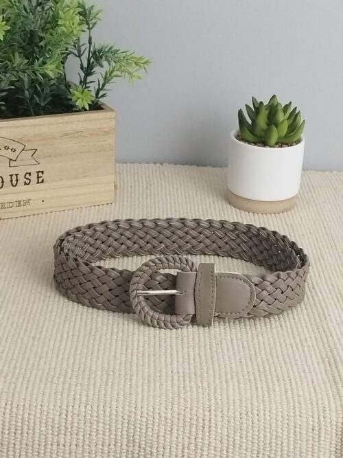 Ceinture tressée unie grosse boucle marron