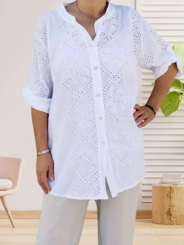 chemise-brodee-col-mao-blanc-dv Chemise brodée col mao blanc femme vue de face