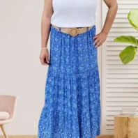 jupe longue fleurie bleu pour femme vue de face