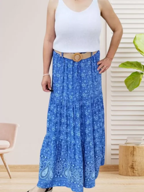 jupe longue fleurie bleu pour femme vue de face
