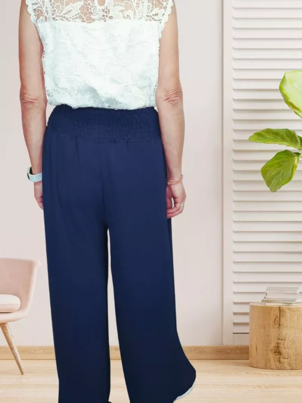 pantalon-large-ceinture-elastique-bleu-fonce-ds pantalon large ceinture élastique bleu marine pour femme vue de dos