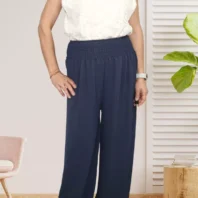pantalon large ceinture élastique bleu marine pour femme vue de face