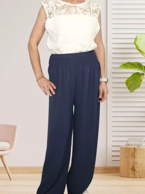 pantalon large ceinture élastique bleu marine pour femme vue de face