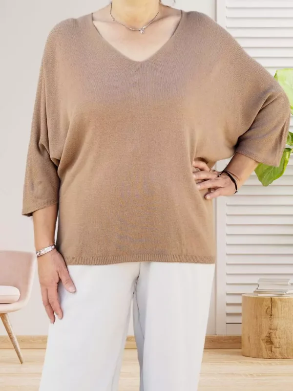 pull-fin-col-en-v-camel-dv Pull fin col en V camel femme vue devant