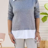 Pull fin effet 2 en 1 gris femme vue devant