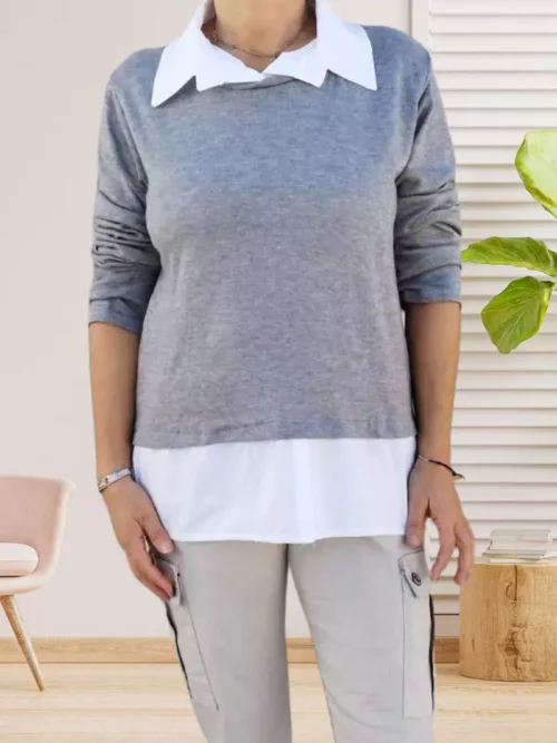 Pull fin effet 2 en 1 gris femme vue devant