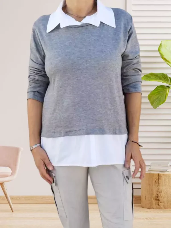 pull-fin-effet-2-en-1-gris-dv Pull fin effet 2 en 1 gris femme vue devant