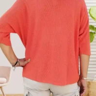 Pull fin manches courtes, col en V, mailles point de riz, fluide et tendance, vue de dos, coloris : orange