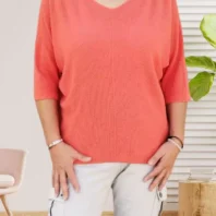 Pull fin manches courtes, col en V, mailles point de riz, fluide et tendance, vue de face, coloris : orange