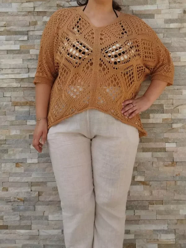 Pull maille ajourée camel