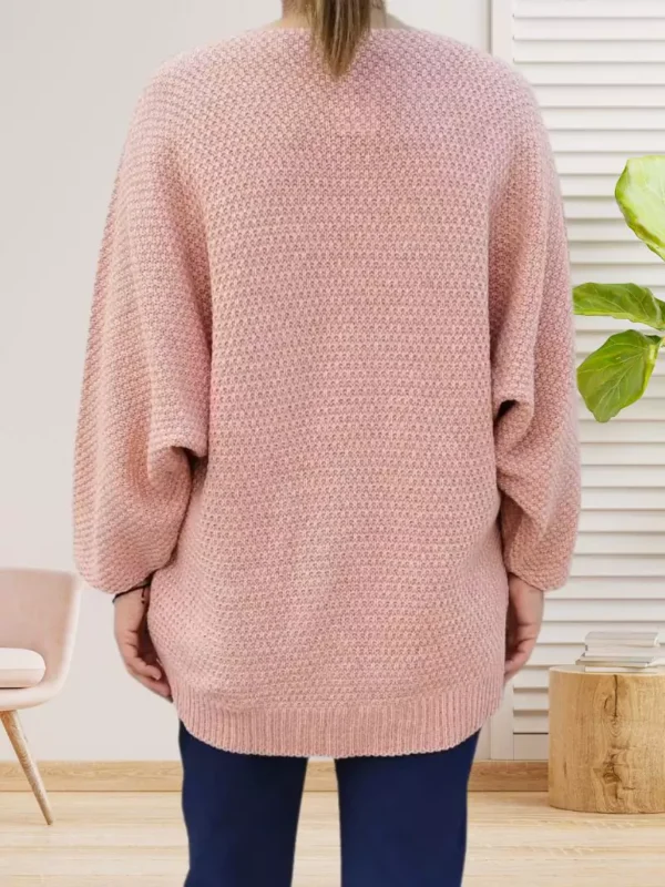 pull-maille-jersey-col-en-v-rose-poudree-ds Pull maille jersey col en V rose poudrée femme vue dos