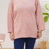 Pull maille jersey col en V rose poudrée femme vue devant