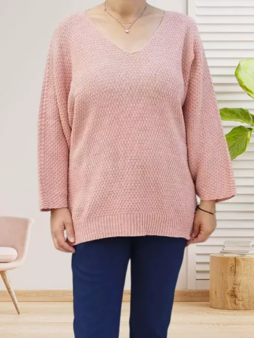 Pull maille jersey col en V rose poudrée femme vue devant