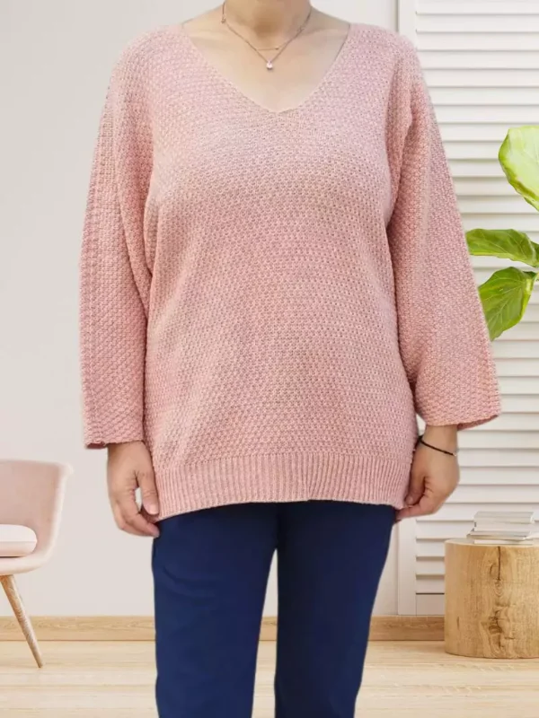 pull-maille-jersey-col-en-v-rose-poudree-dv Pull maille jersey col en V rose poudrée femme vue devant
