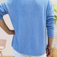 Pull motif étoile Bohème, col en V, inscription bohème et étoile contrastante, vue de dos, coloris : bleu clair