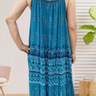 Robe à fines bretelles bleu été femme – légère, fluide et confortable. Idéale pour la plage, les vacances et les journées ensoleillées. Mode estivale tendance vue dos