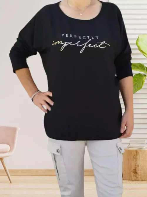 T-shirt à inscription, manches 3/4, col rond, déclinaison bicolore ou unie, vue de face, coloris : noir