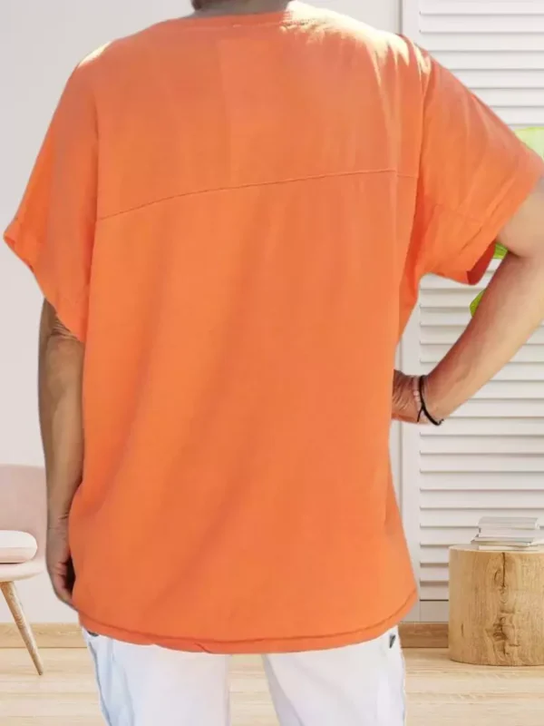 t-shirt-coeuren-sequins-orange-ds T-shirt Cœur en Sequins, col rond, mancherons, inscription dorée, cœurs en sequins, vue de dos, coloris : orange