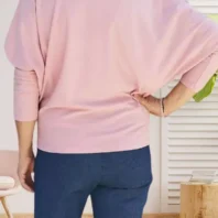 T-shirt Col Drapé - manches bouffantes ressérées - pinces à la taille - coupe fluide et légère - vue de dos - coloris : rose poudrée
