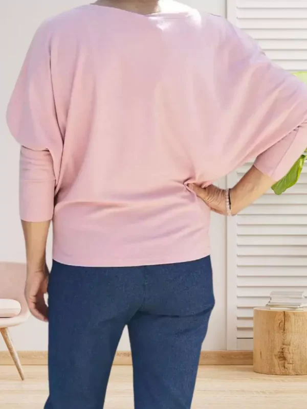 t-shirt-col-drape-rose-poudree-ds T-shirt Col Drapé - manches bouffantes ressérées - pinces à la taille - coupe fluide et légère - vue de dos - coloris : rose poudrée