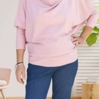 T-shirt Col Drapé - manches bouffantes ressérées - pinces à la taille - coupe fluide et légère - vue de face - coloris : rose poudrée