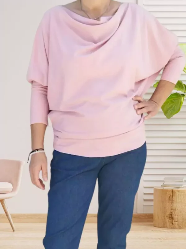 t-shirt-col-drape-rose-poudree-dv T-shirt Col Drapé - manches bouffantes ressérées - pinces à la taille - coupe fluide et légère - vue de face - coloris : rose poudrée