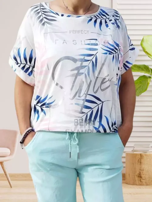 T-shirt Imprimé Feuille - sérigraphie argentée - manches courtes - col rond - vue de face - coloris : blanc et multicolore