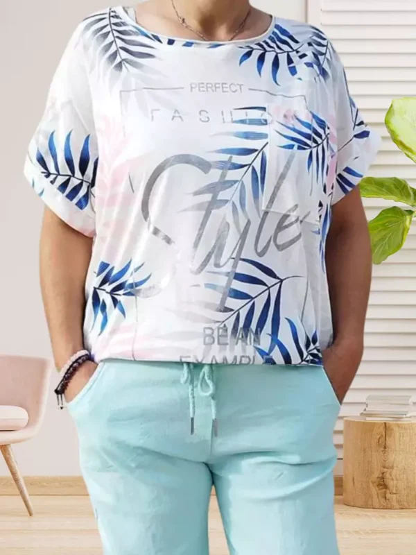 t-shirt-imprime-feuille-tu-dv T-shirt Imprimé Feuille - sérigraphie argentée - manches courtes - col rond - vue de face - coloris : blanc et multicolore