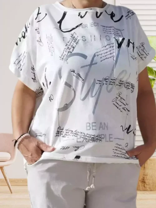 T-shirt Imprimé Texte - sérigraphie argentée - manches courtes - col rond - vue de face - coloris : blanc