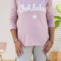 T-shirt Ohlala, manches longues, inscription en bouclette contrastante, col rond, vue de face, coloris : rose poudrée