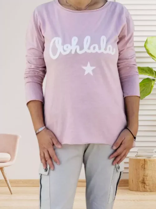T-shirt Ohlala, manches longues, inscription en bouclette contrastante, col rond, vue de face, coloris : rose poudrée