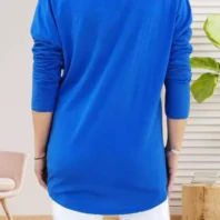 T-shirt Perfect à Strass - inscription à strass - col en V - manches longues - vue de dos - coloris : bleu électrique