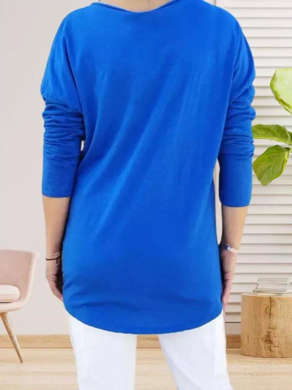 t-shirt-perfect-a-strass-bleu-ds T-shirt Perfect à Strass - inscription à strass - col en V - manches longues - vue de dos - coloris : bleu électrique