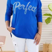T-shirt Perfect à Strass - inscription à strass - col en V - manches longues - vue de face - coloris : bleu électrique