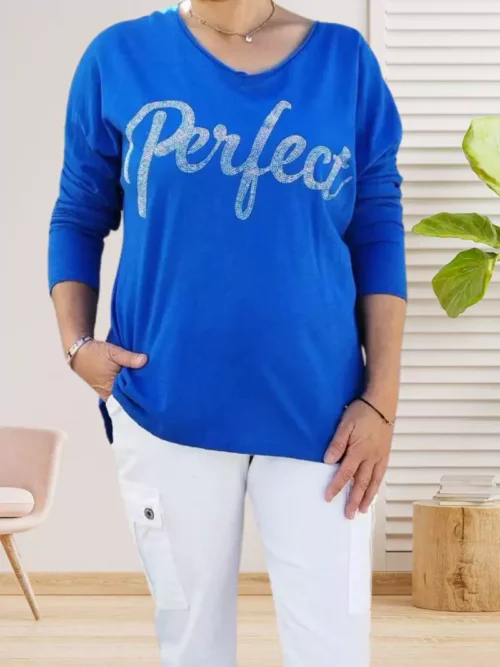 T-shirt Perfect à Strass - inscription à strass - col en V - manches longues - vue de face - coloris : bleu électrique