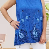Débardeur motif fleurs, col rond et coupe fluide, parfait pour un look léger et féminin., vue de face, coloris : bleu électrique