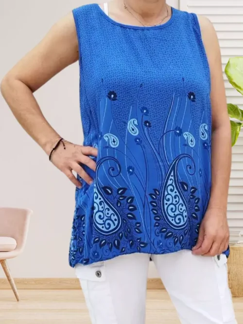 Débardeur motif fleurs, col rond et coupe fluide, parfait pour un look léger et féminin., vue de face, coloris : bleu électrique