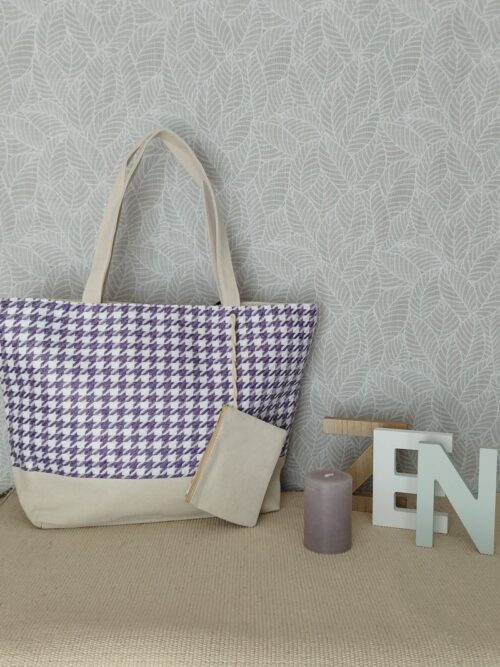 Sac de plage pied de poule bicolore violet