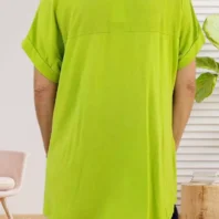T-shirt étoile à sequins, col en V et coupe fluide, bi-matière lin et coton, vue de dos, coloris : vert anis