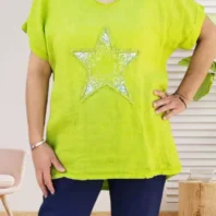 T-shirt étoile à sequins, col en V et coupe fluide, bi-matière lin et coton, vue de face, coloris : vert anis