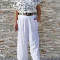 Pantalon large avec ceinture en lin et coton blanc