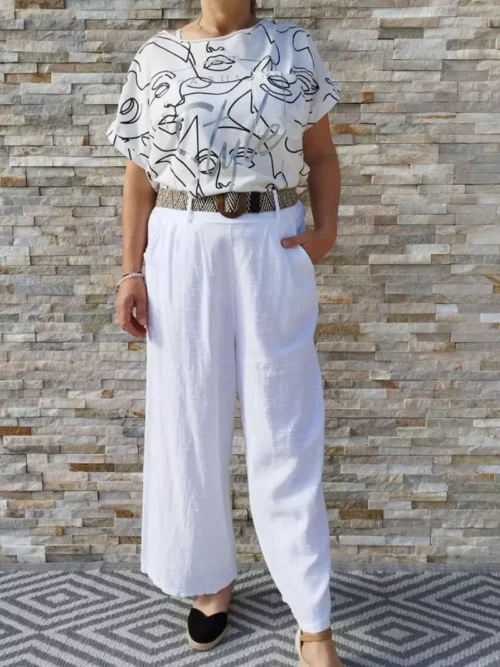Pantalon large avec ceinture en lin et coton blanc