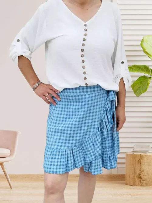 jupe courte à volant asymétrique bleu pour femme vue de face