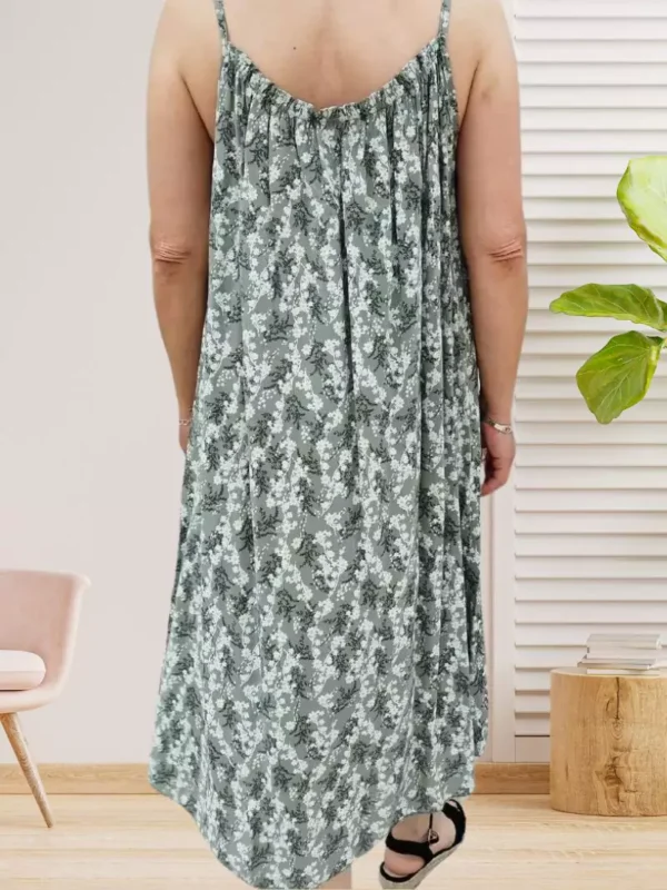 robe-petites-fleurs-fines-bretelles-kaki-ds Robe petites fleurs fines bretelles kaki, encolure élastiquée devant et dos, coupe fluide en 100% viscose, vue dos