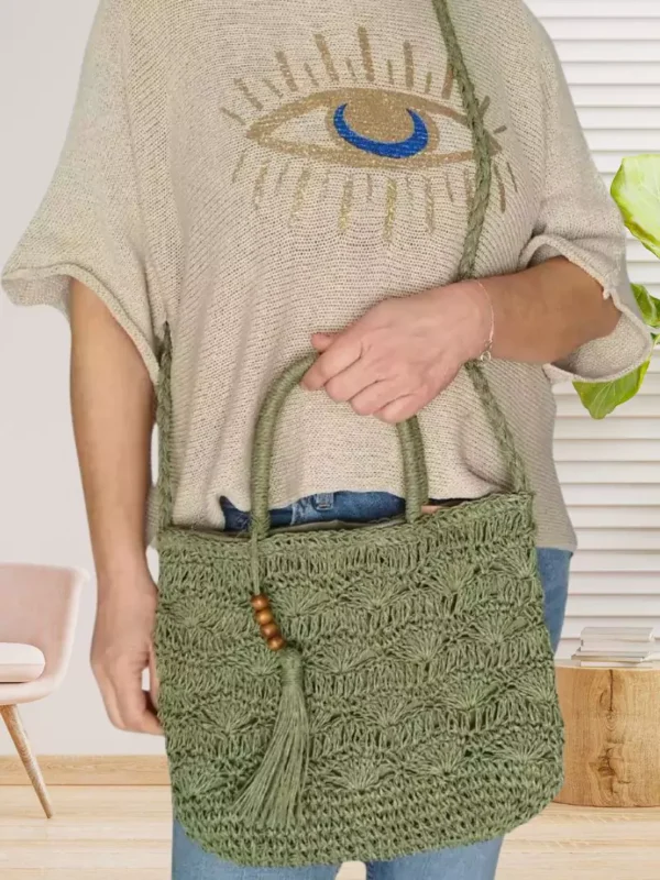 Sac tressé style crochet vert femme vue devant
